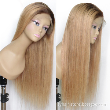 Long Ombre Strawberry Honey Blonde Color Straight Virgin Human Hair Wigs With Brown Root,  Color T4/27 Front Lace Wigs